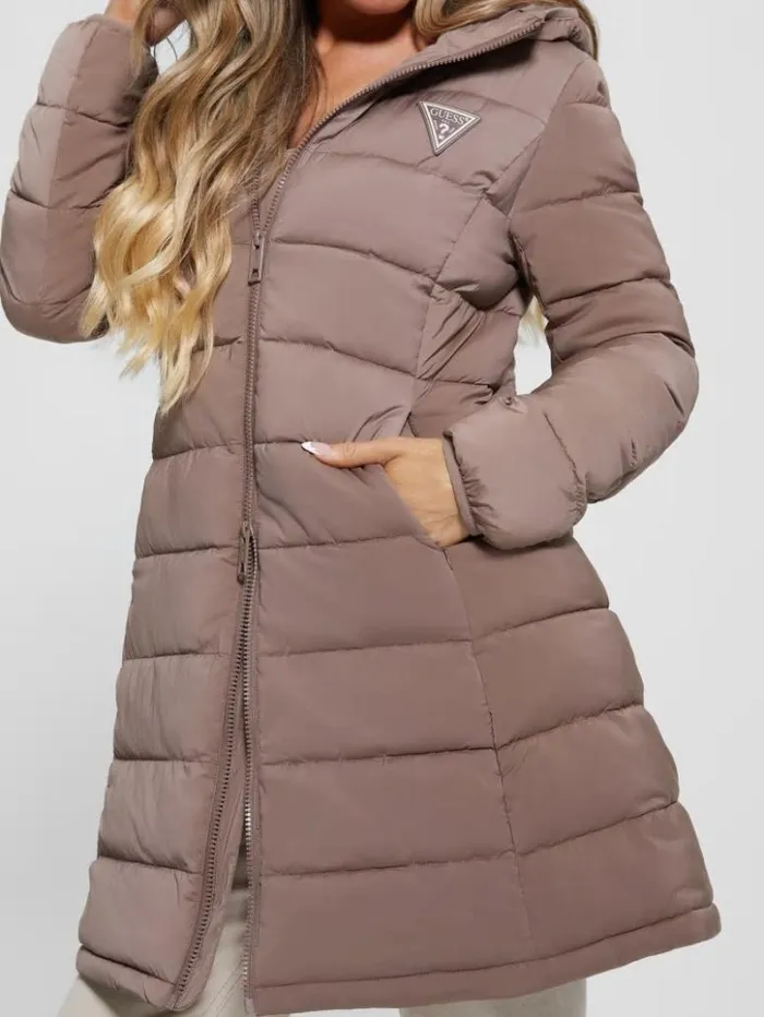 Women GUESS Jackets and Coats Aleta Long Puffer Jacket Soft Mink