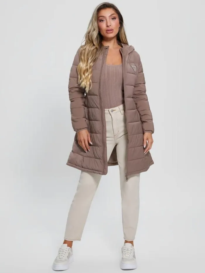 Women GUESS Jackets and Coats Aleta Long Puffer Jacket Soft Mink