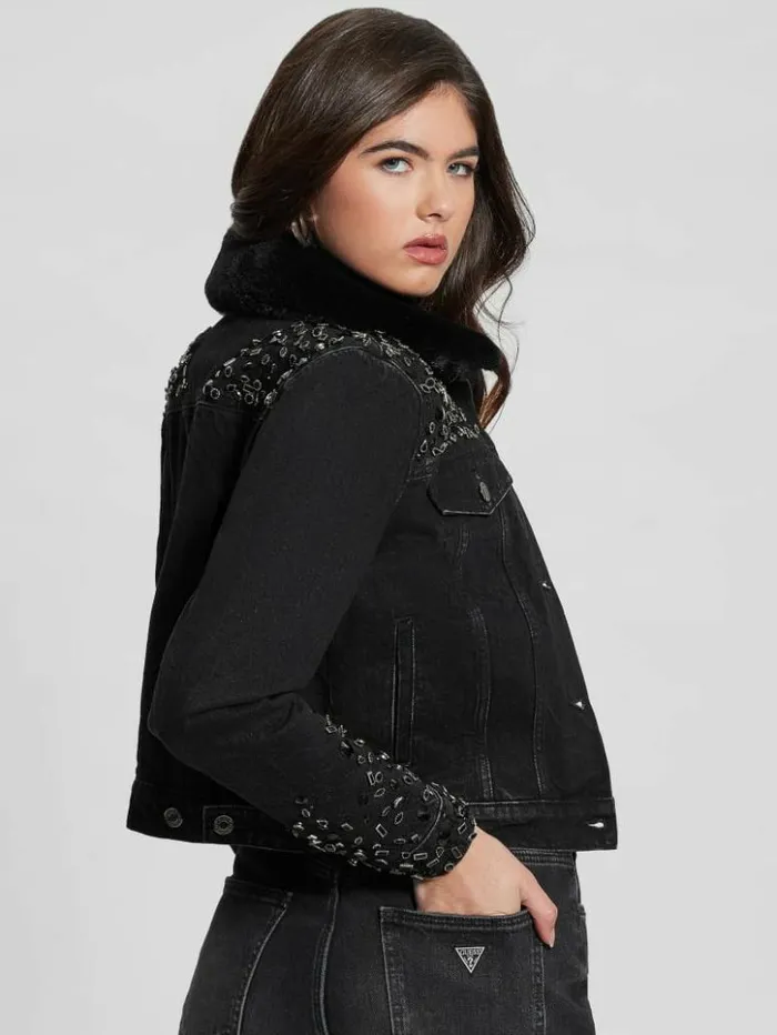 Women GUESS Jackets and Coats Eco Doria Shearling Collar Denim Jacket Craters Stones Women GUESS Jackets and Coats Eco Doria Shearling Collar Denim Jacket Craters Stones