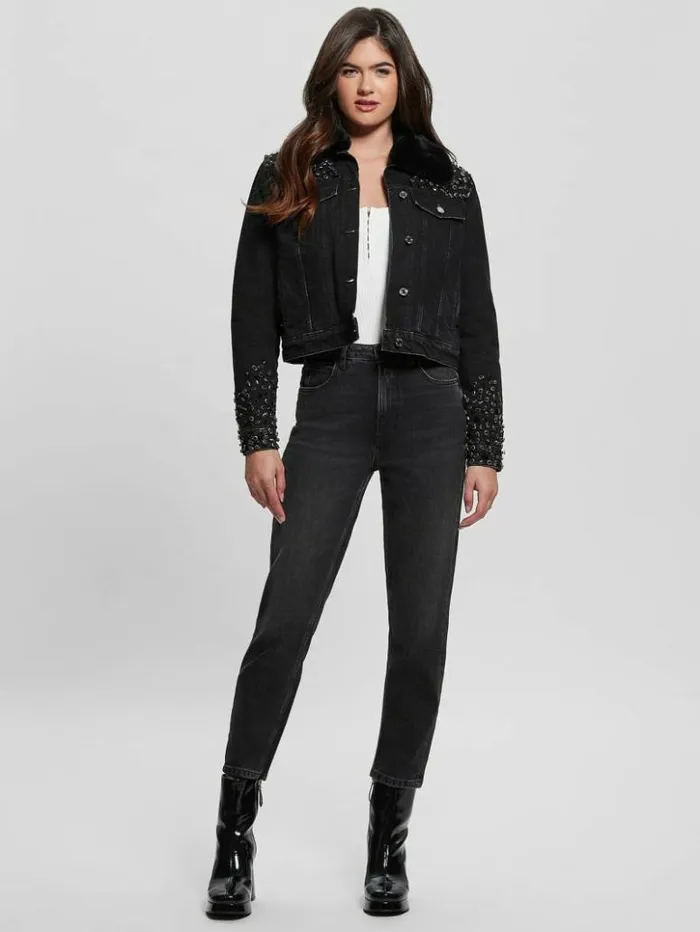 Women GUESS Jackets and Coats Eco Doria Shearling Collar Denim Jacket Craters Stones Women GUESS Jackets and Coats Eco Doria Shearling Collar Denim Jacket Craters Stones