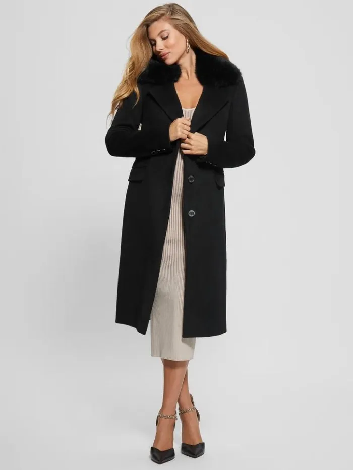 Women GUESS Jackets and Coats Eco Laurence FauxFur Midi Coat Black