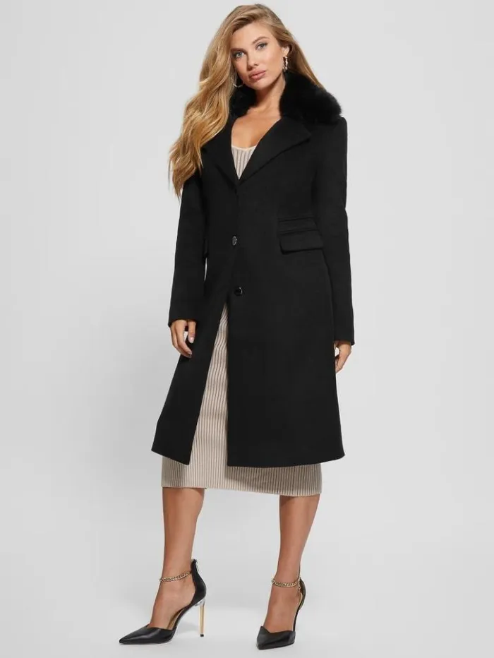 Women GUESS Jackets and Coats Eco Laurence FauxFur Midi Coat Black