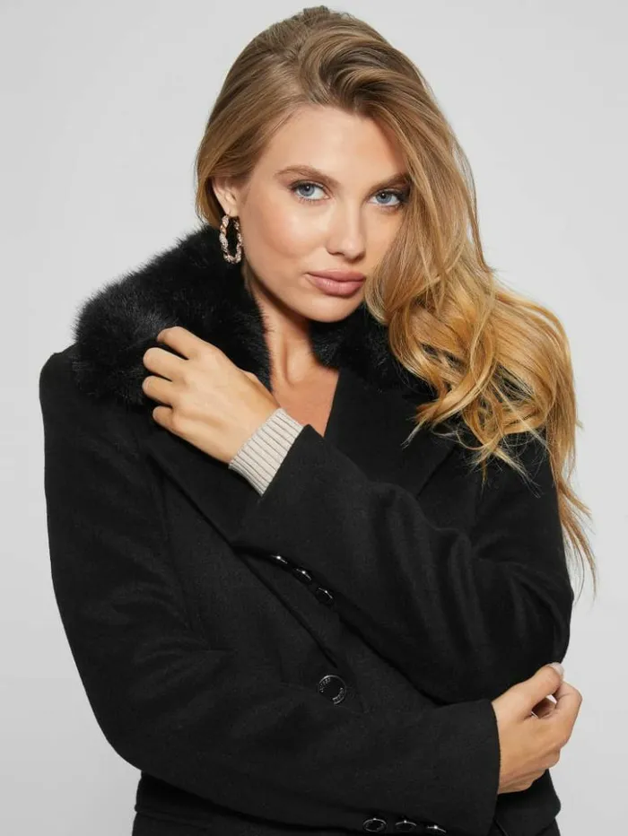 Women GUESS Jackets and Coats Eco Laurence FauxFur Midi Coat Black