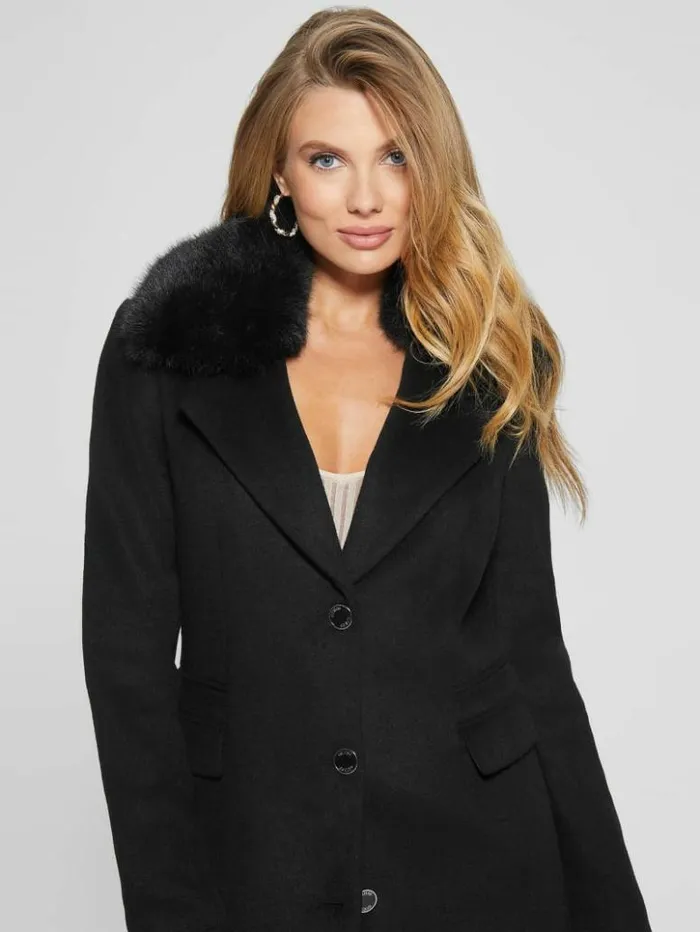 Women GUESS Jackets and Coats Eco Laurence FauxFur Midi Coat Black