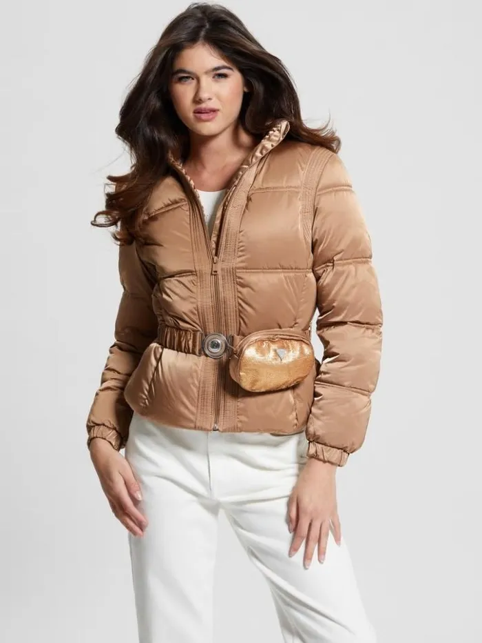 Women GUESS Jackets and Coats Eco Lucia Belt Bag Puffer Jacket Wet Sand Multi Women GUESS Jackets and Coats Eco Lucia Belt Bag Puffer Jacket Wet Sand Multi