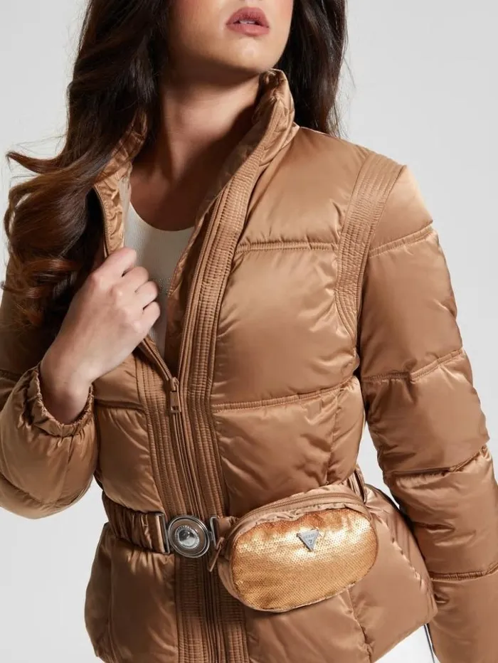 Women GUESS Jackets and Coats Eco Lucia Belt Bag Puffer Jacket Wet Sand Multi Women GUESS Jackets and Coats Eco Lucia Belt Bag Puffer Jacket Wet Sand Multi