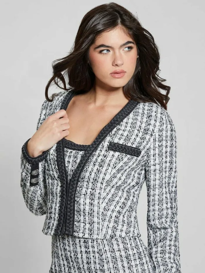 Women GUESS Jackets and Coats Eco Tosca Tweed Jacket Black And White Boucle Co Women GUESS Jackets and Coats Eco Tosca Tweed Jacket Black And White Boucle Co