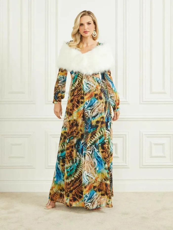 Women GUESS Jackets and Coats Gwenda FauxFur Shawl Scarf Pale Pearl
