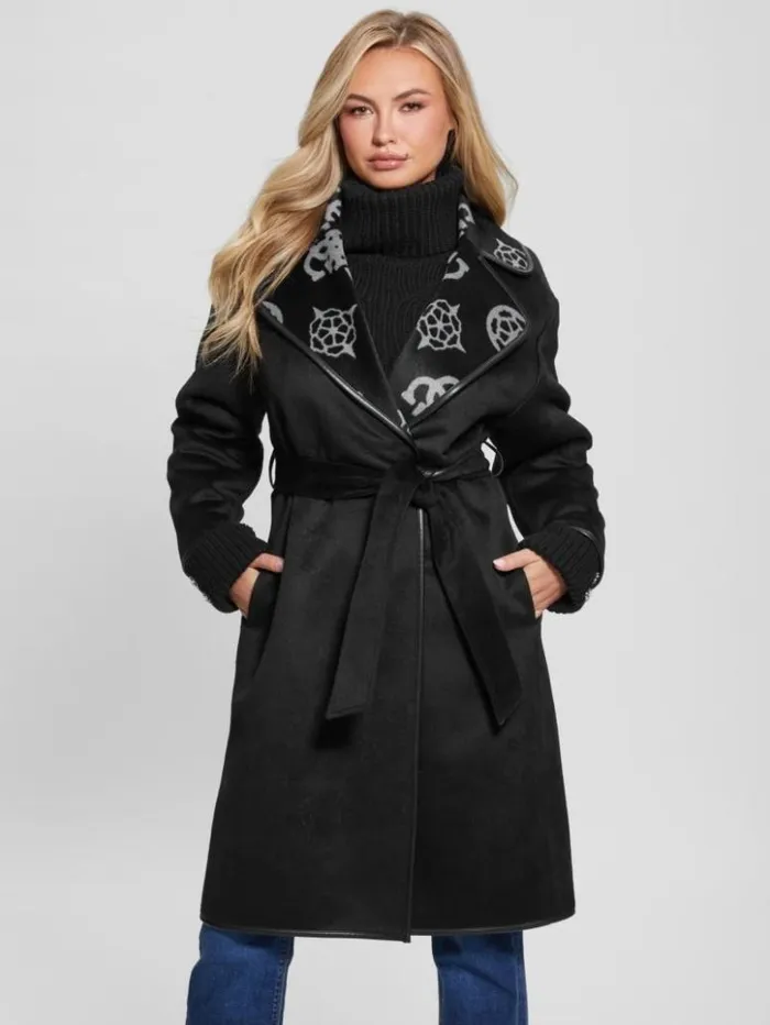 Women GUESS Jackets and Coats Ludovica WoolBlend Wrap Coat Jacquard Logo Black Combo Women GUESS Jackets and Coats Ludovica WoolBlend Wrap Coat Jacquard Logo Black Combo