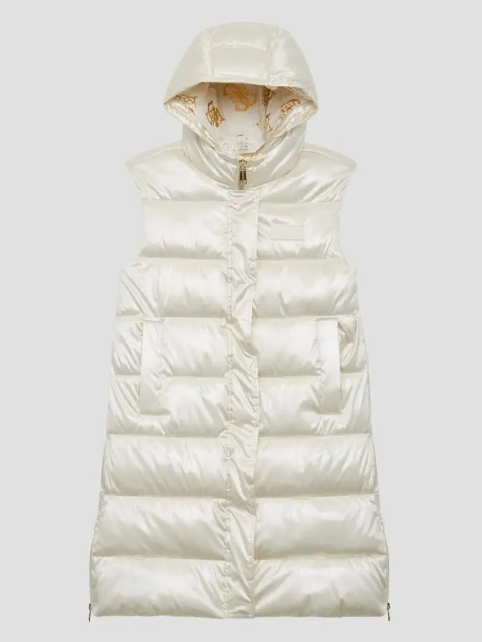 Women GUESS Jackets and Coats Noemi Long Satin Puffer Vest Cream White Multi Women GUESS Jackets and Coats Noemi Long Satin Puffer Vest Cream White Multi