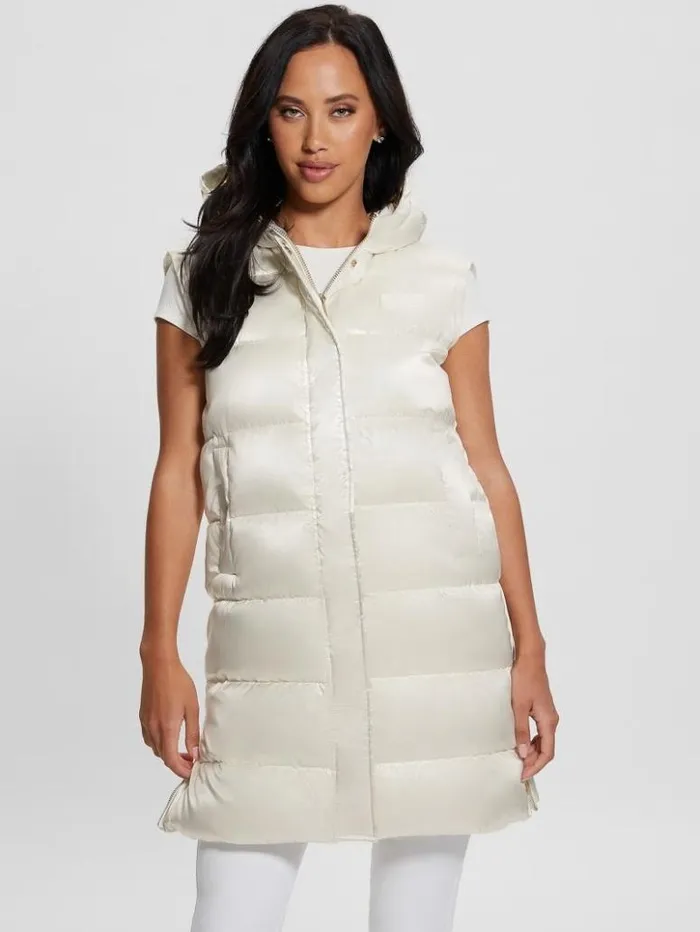 Women GUESS Jackets and Coats Noemi Long Satin Puffer Vest Cream White Multi Women GUESS Jackets and Coats Noemi Long Satin Puffer Vest Cream White Multi