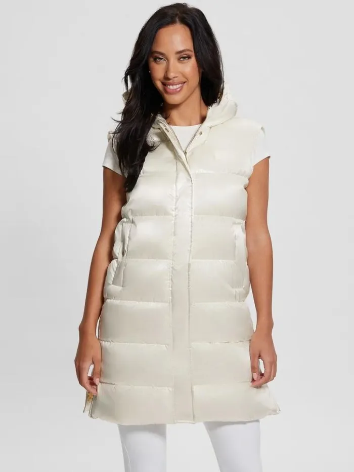 Women GUESS Jackets and Coats Noemi Long Satin Puffer Vest Cream White Multi Women GUESS Jackets and Coats Noemi Long Satin Puffer Vest Cream White Multi