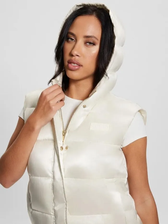 Women GUESS Jackets and Coats Noemi Long Satin Puffer Vest Cream White Multi Women GUESS Jackets and Coats Noemi Long Satin Puffer Vest Cream White Multi