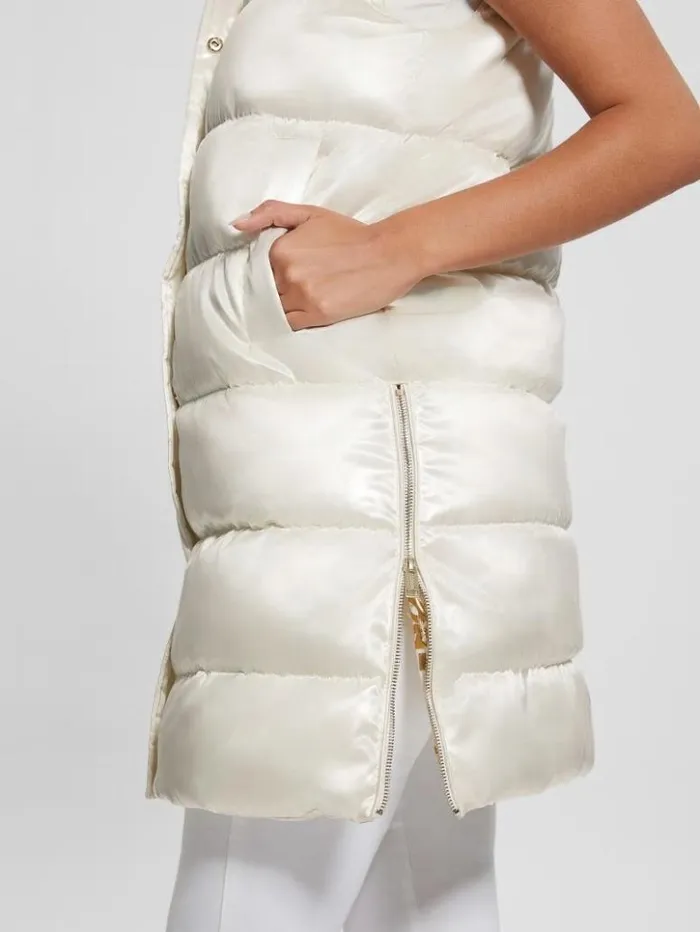 Women GUESS Jackets and Coats Noemi Long Satin Puffer Vest Cream White Multi Women GUESS Jackets and Coats Noemi Long Satin Puffer Vest Cream White Multi