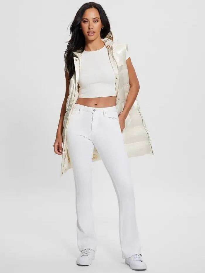 Women GUESS Jackets and Coats Noemi Long Satin Puffer Vest Cream White Multi Women GUESS Jackets and Coats Noemi Long Satin Puffer Vest Cream White Multi