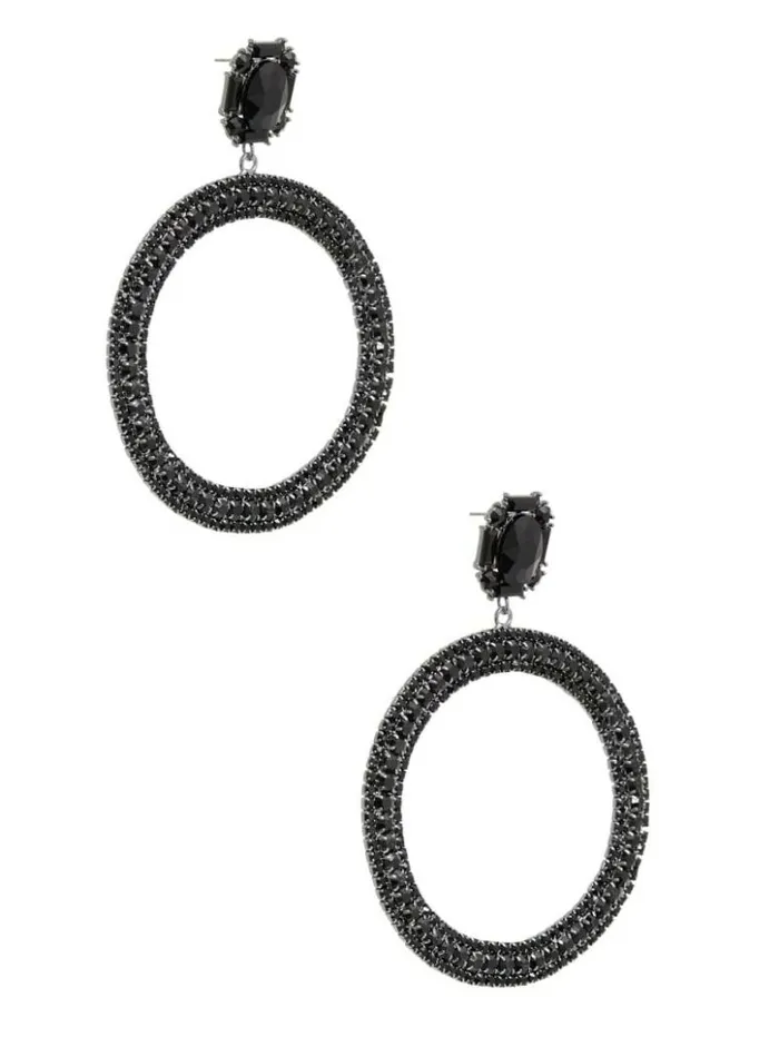 Women GUESS Jewelry Black Rhinestone Statement Hoop Earrings Black Snakeskin