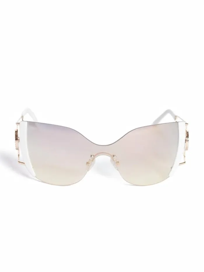 Women GUESS Sunglasses Mirrored Rimless Cateye Sunglasses White