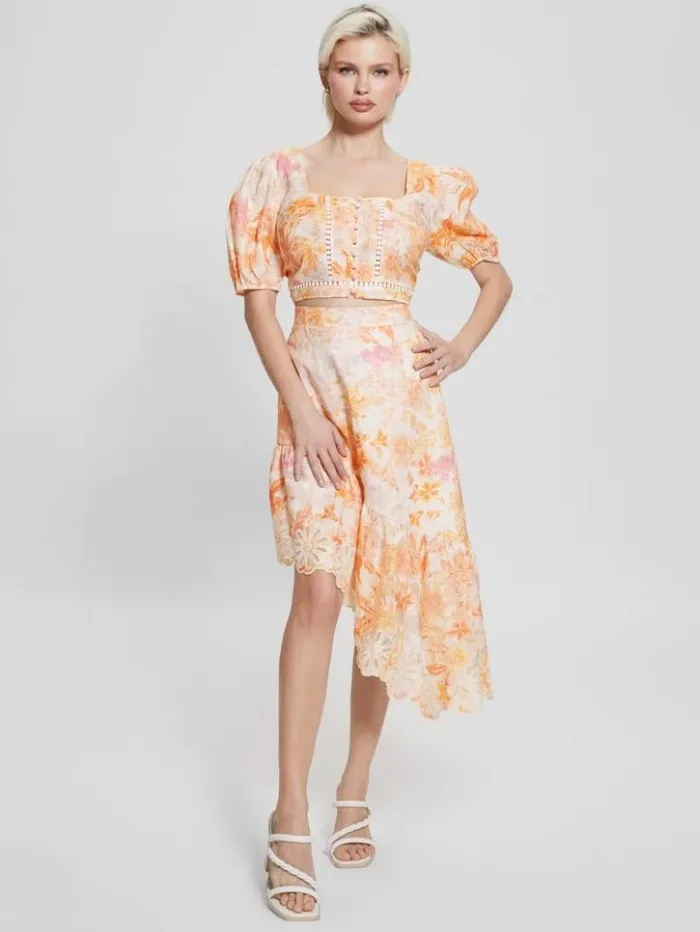 Women GUESS Tops Eco Cassandra Puffed Floral Crop Top Tangerine Bloom
