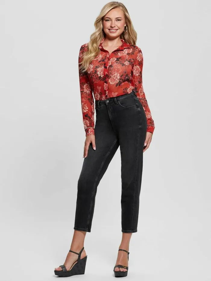 Women GUESS Tops Eco Clouis Embellished ButtonUp Top Call Me Cherry Print