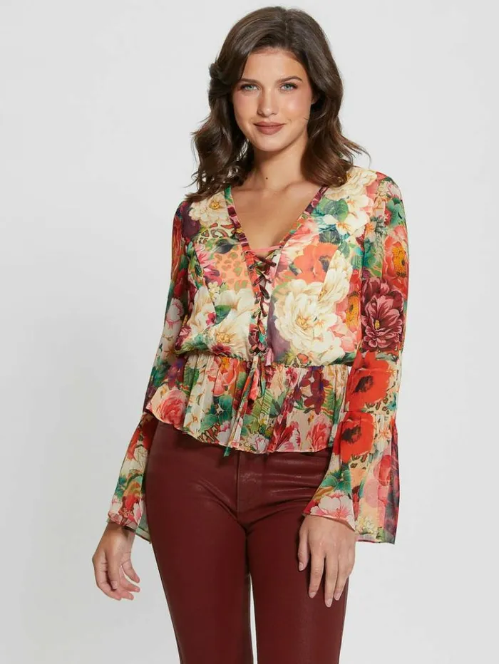 Women GUESS Tops Eco Demi LaceUp Top Peony Animal Print