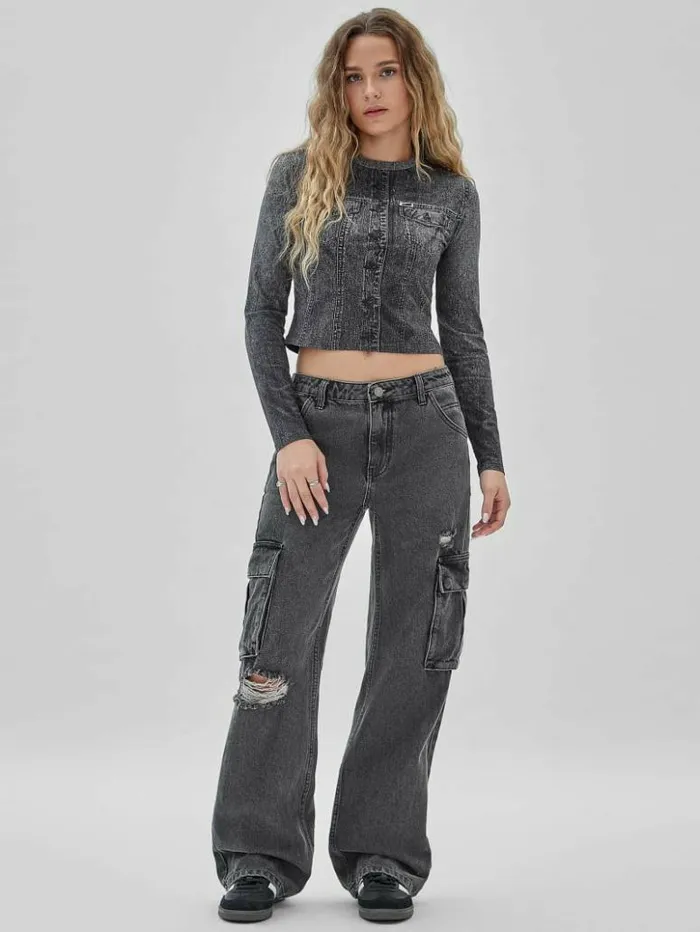 Women GUESS Tops GUESS Originals Eco Printed Denim Top Jet Black Multi
