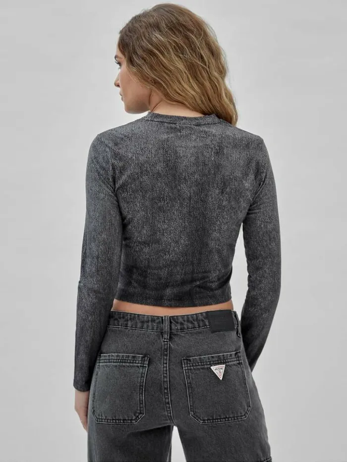 Women GUESS Tops GUESS Originals Eco Printed Denim Top Jet Black Multi