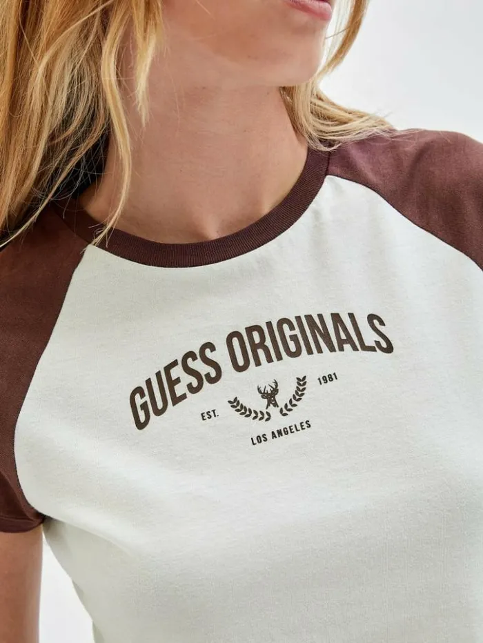 Women GUESS Tops GUESS Originals Raglan Crop Baby Tee Sandy Shore Multi