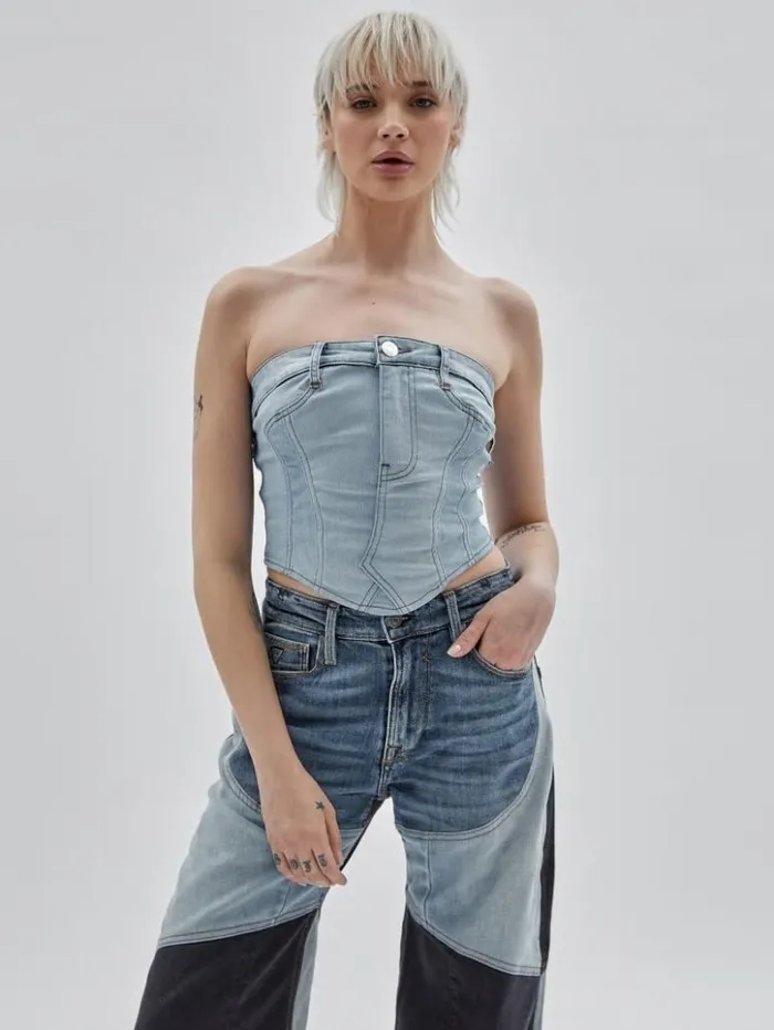 Women GUESS Tops GUESS Originals X Homeboy Upcycled Denim Bustier Upcycled Light Wash Multi