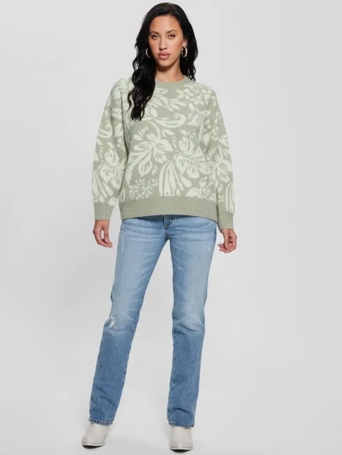 Women GUESS Tops Hibiscus WoolBlend Sweater Folk Floral Print Light M
