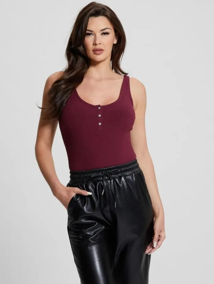 Women GUESS Tops Karlee Jewel Button Bodysuit Mystic Wine