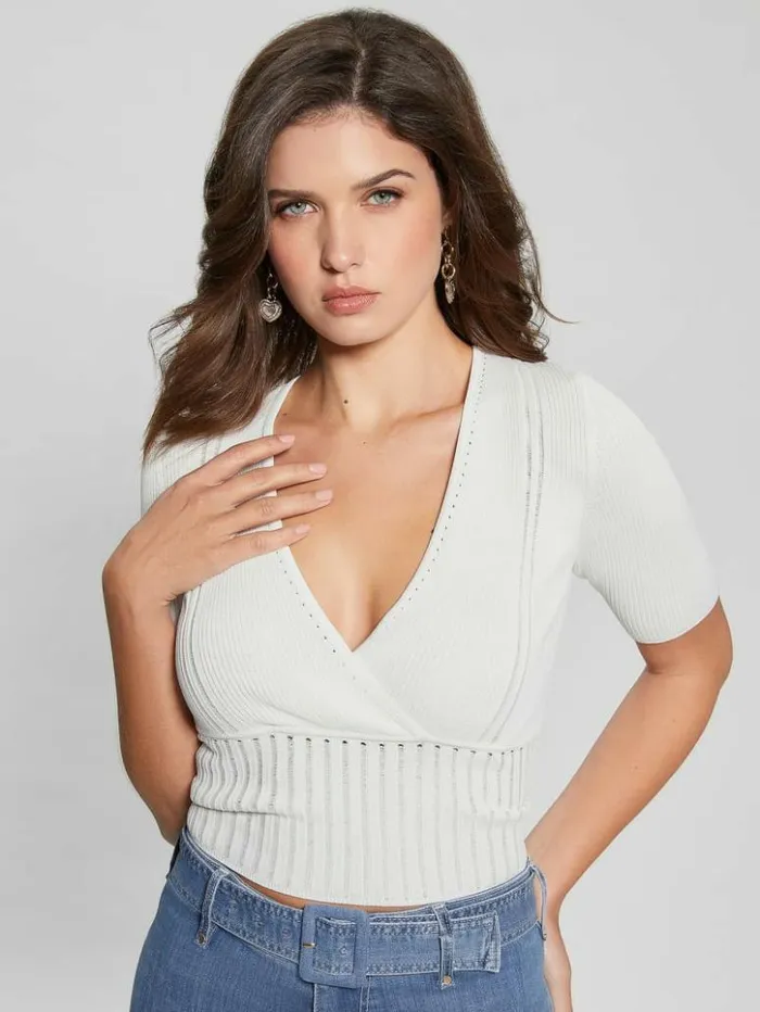 Women GUESS Tops Soft Bandage VNeck Top Cream White