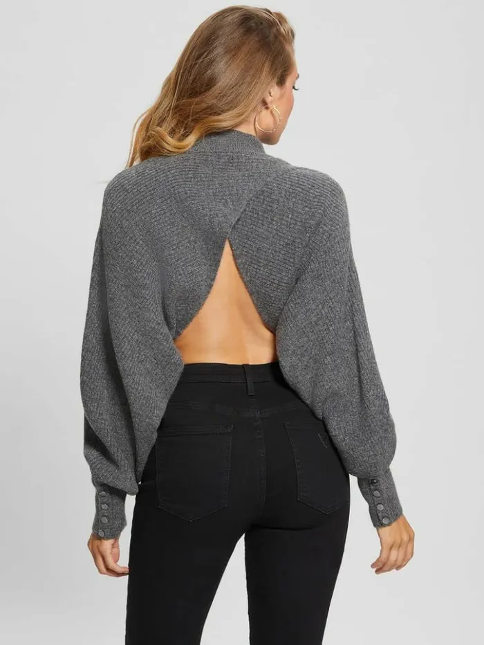 Women GUESS Tops Toki Open Back Shrug Sweater Dark Coal Heather