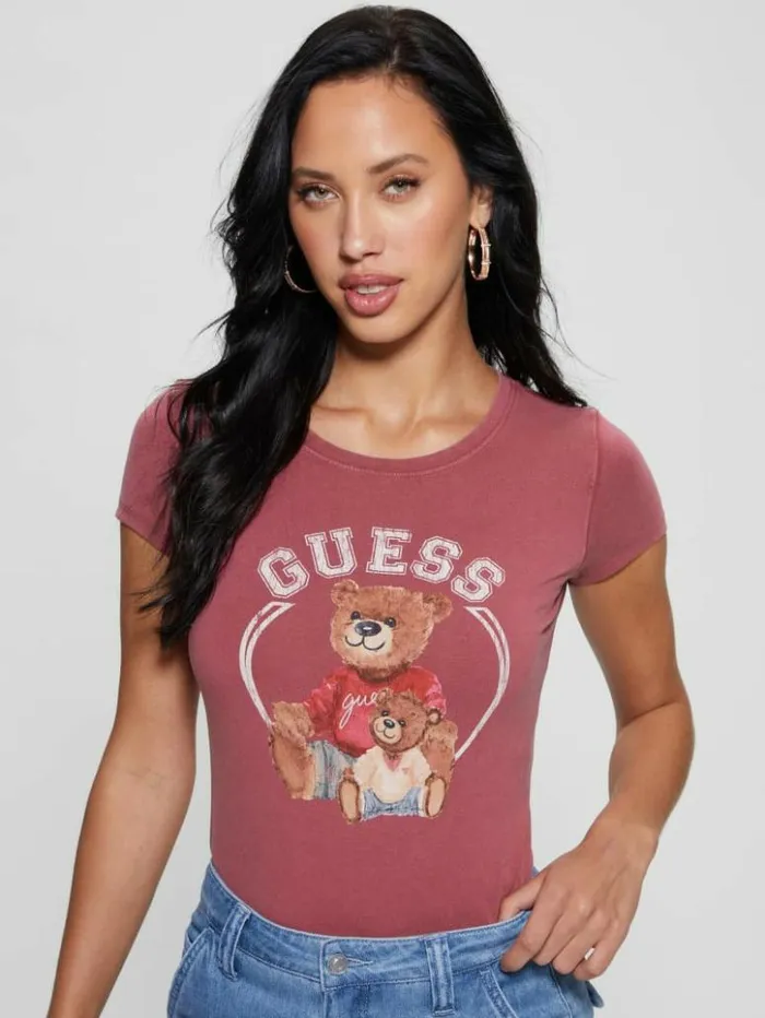 Women GUESS Tops Varsity Bear Tee Tahiti Red Multi