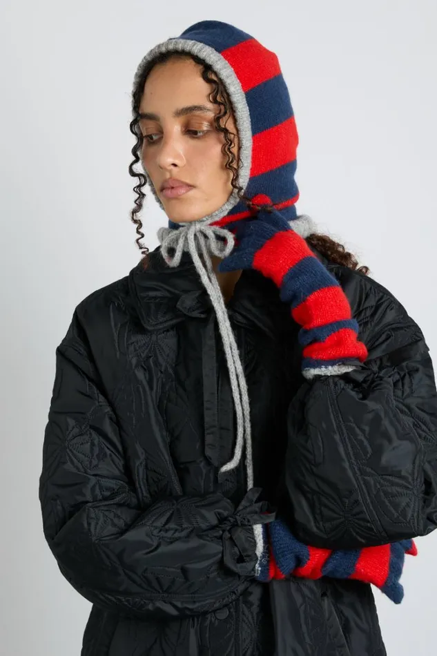 Women Hats Damson Madder Hood In Red and Navy With Grey Tie