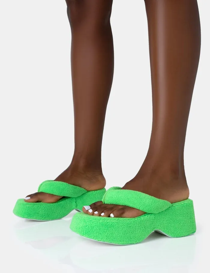 Women Havana Lime Towelling Flip Flop Chunky Platform Sandals Green Public Desire Holiday