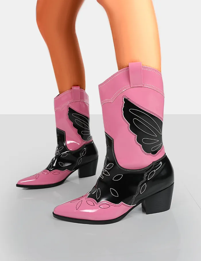 Women Howdy Pink Patent Western Cowboy Ankle Boots Public Desire Pink Public Desire Festival