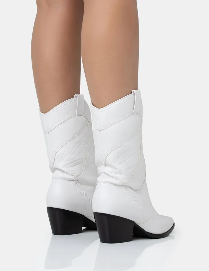 Women Howdy White Pu Pointed Toe Western Cowboy Block Ankle Boots White Public Desire Festival