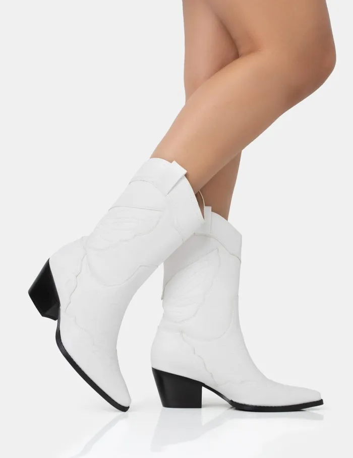 Women Howdy White Pu Pointed Toe Western Cowboy Block Ankle Boots White Public Desire Festival