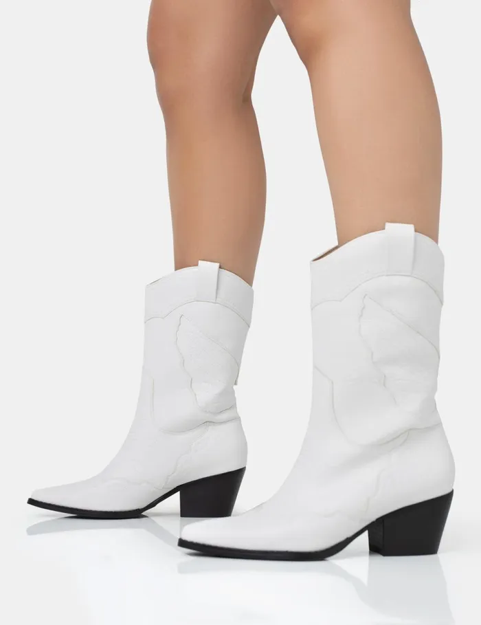 Women Howdy White Pu Pointed Toe Western Cowboy Block Ankle Boots White Public Desire Festival