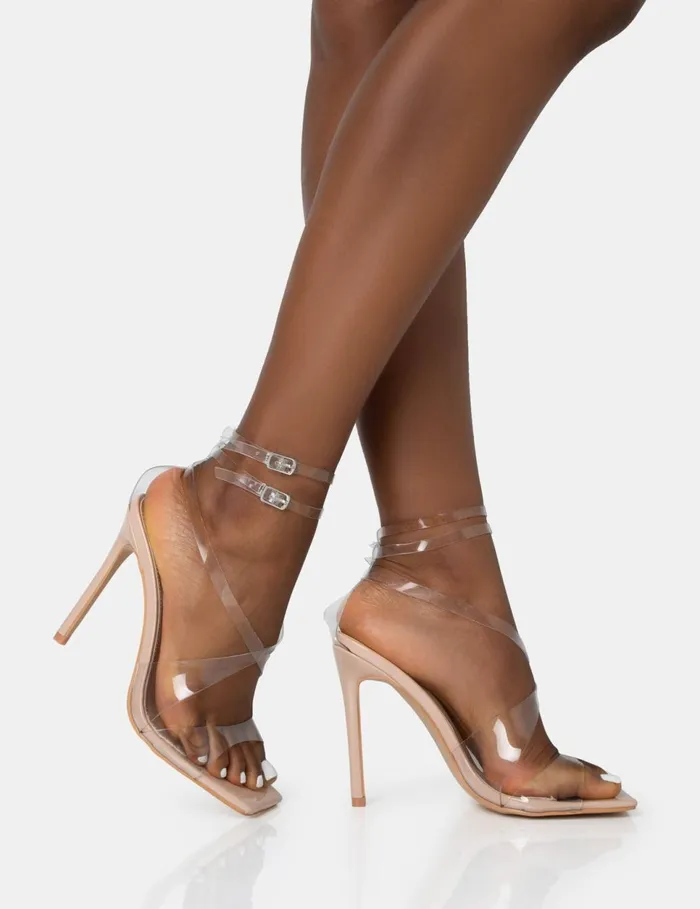Women Jojo Nude Patent Cut Out Perspex Strap Square Toe Stiletto Heels Neutral Public Desire Wedding