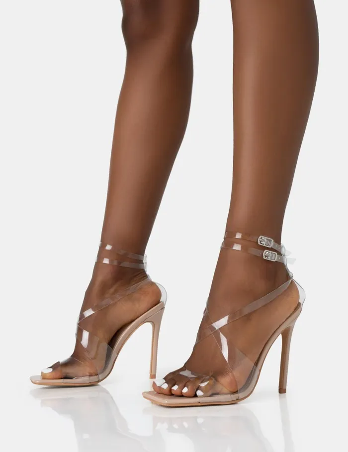 Women Jojo Nude Patent Cut Out Perspex Strap Square Toe Stiletto Heels Neutral Public Desire Wedding