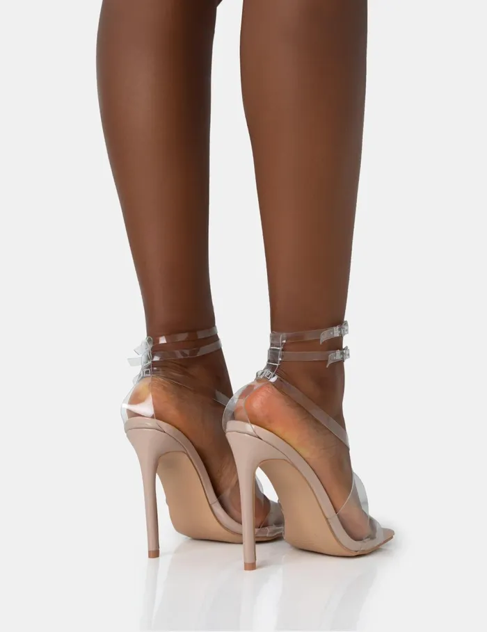 Women Jojo Nude Patent Cut Out Perspex Strap Square Toe Stiletto Heels Neutral Public Desire Wedding