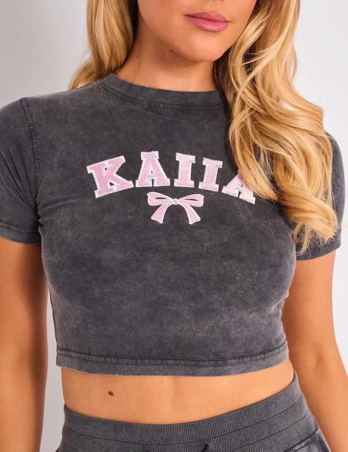Women Kaiia Bow Baby Tee Washed Dark Grey and Pink Pink Public Desire Tops