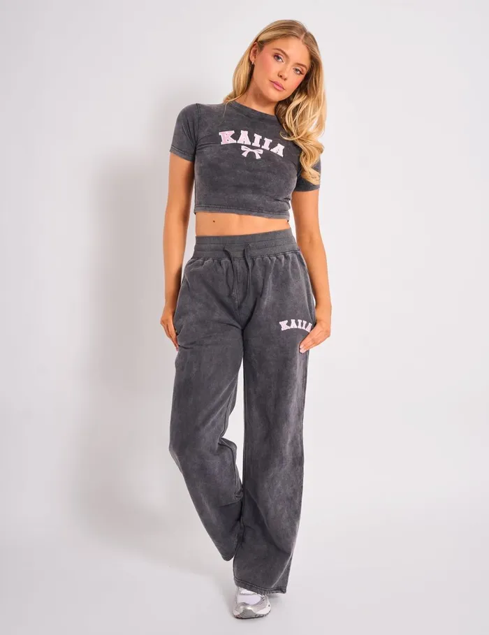 Women Kaiia Bow Baby Tee Washed Dark Grey and Pink Pink Public Desire Tops