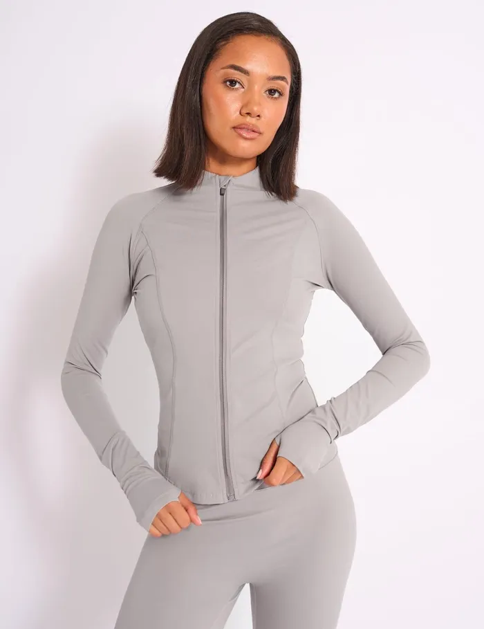Women Kaiia Sculpt Long Sleeve Zip Through Fitted Top Dove Grey Grey Public Desire Sculpt and Reset