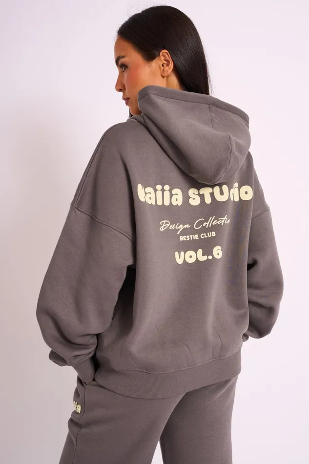 Women Kaiia Studio Oversized Hoodie Dark Grey Yellow Public Desire Kaiia The Label