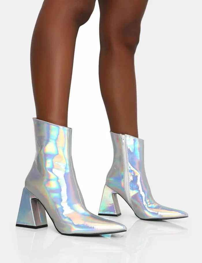 Women Kenzie Holographic PU Pointed Toe Block Heel Ankle Boots Silver Public Desire Party Women Kenzie Holographic PU Pointed Toe Block Heel Ankle Boots Silver Public Desire Party