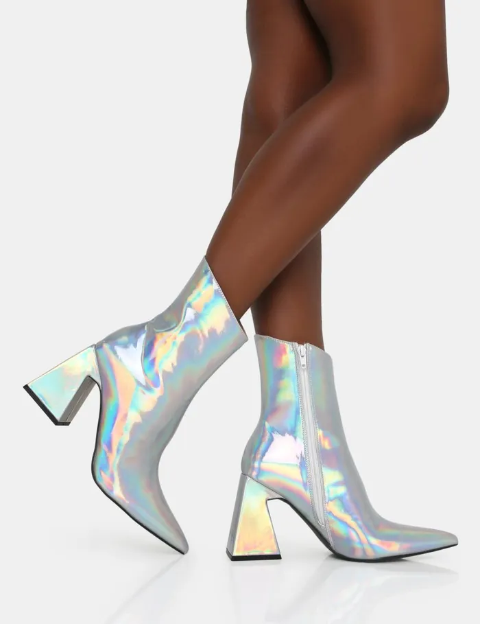 Women Kenzie Holographic PU Pointed Toe Block Heel Ankle Boots Silver Public Desire Party