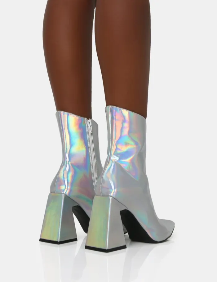 Women Kenzie Holographic PU Pointed Toe Block Heel Ankle Boots Silver Public Desire Party