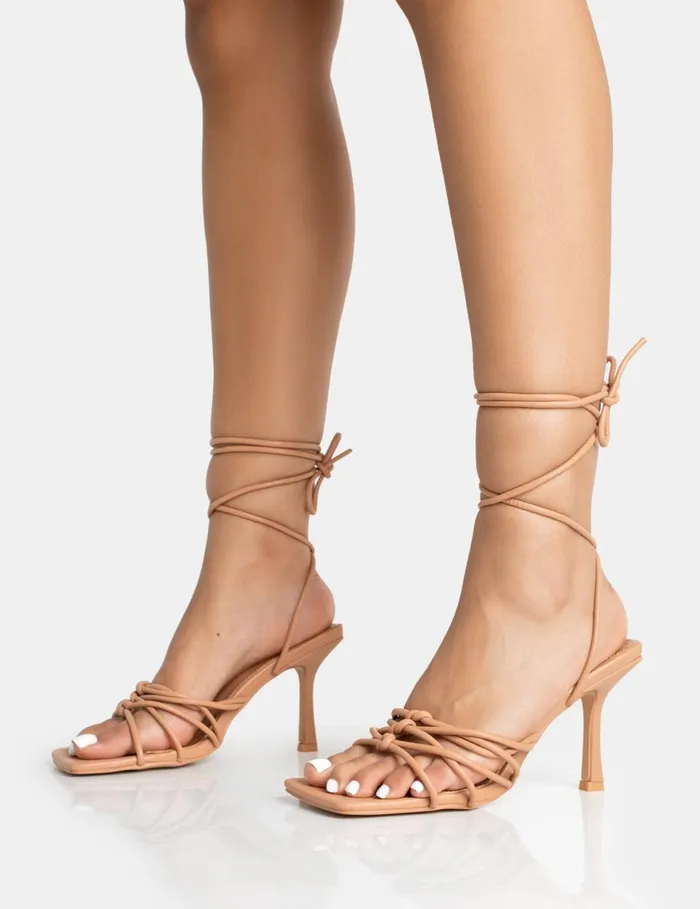Women Keri Nude Pu Strappy Lace Up Mid Heels Neutral Public Desire Lace Up Heels